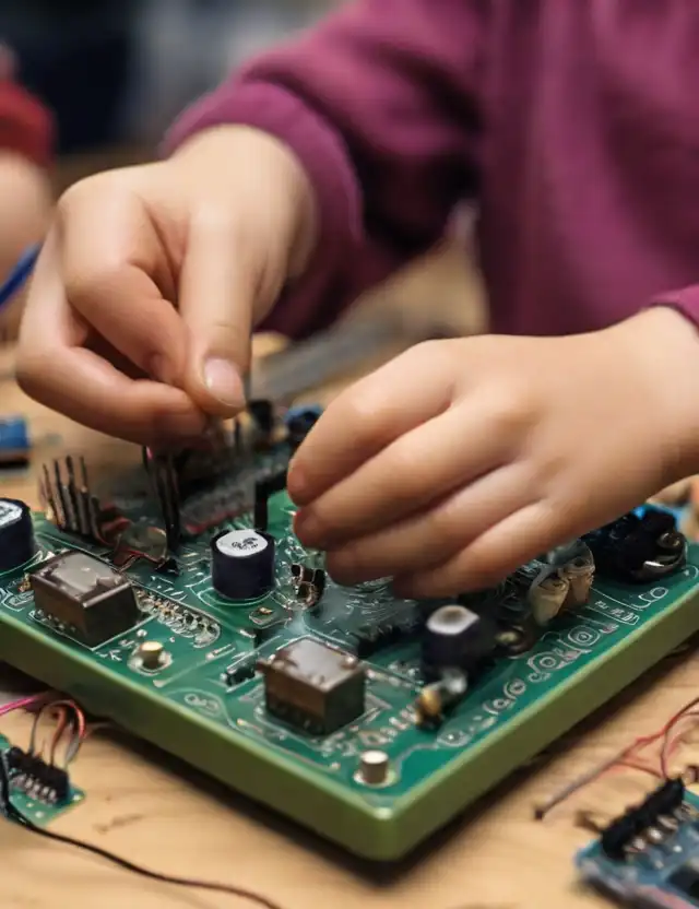 A child soldering components onto a circuit board