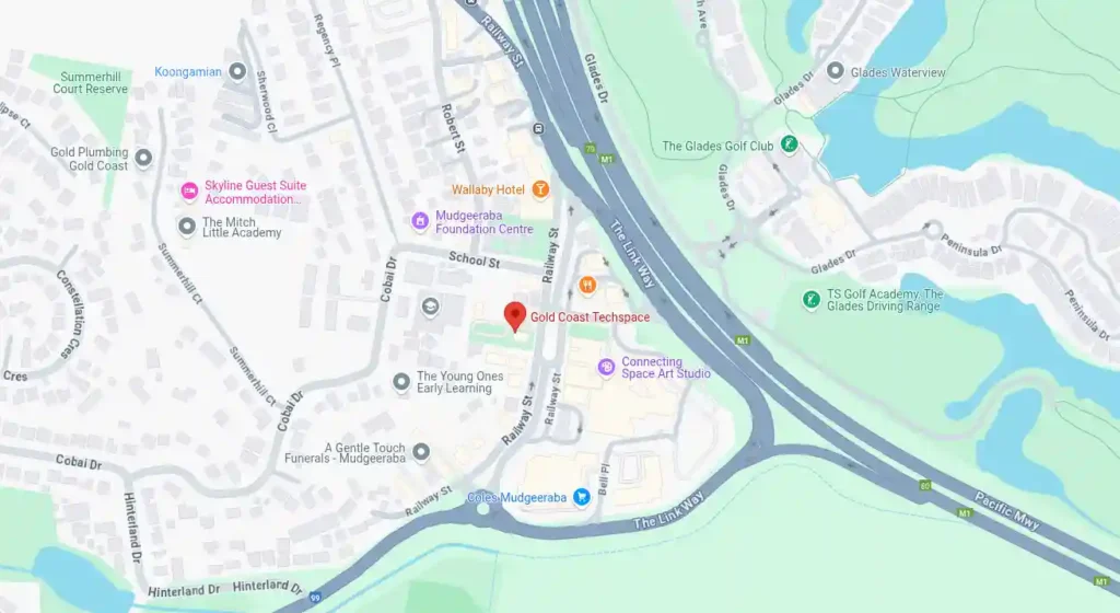 Map showing Gold Coast TechSpace at 57A Railway St, Mudgeeraba (opens Google Maps)